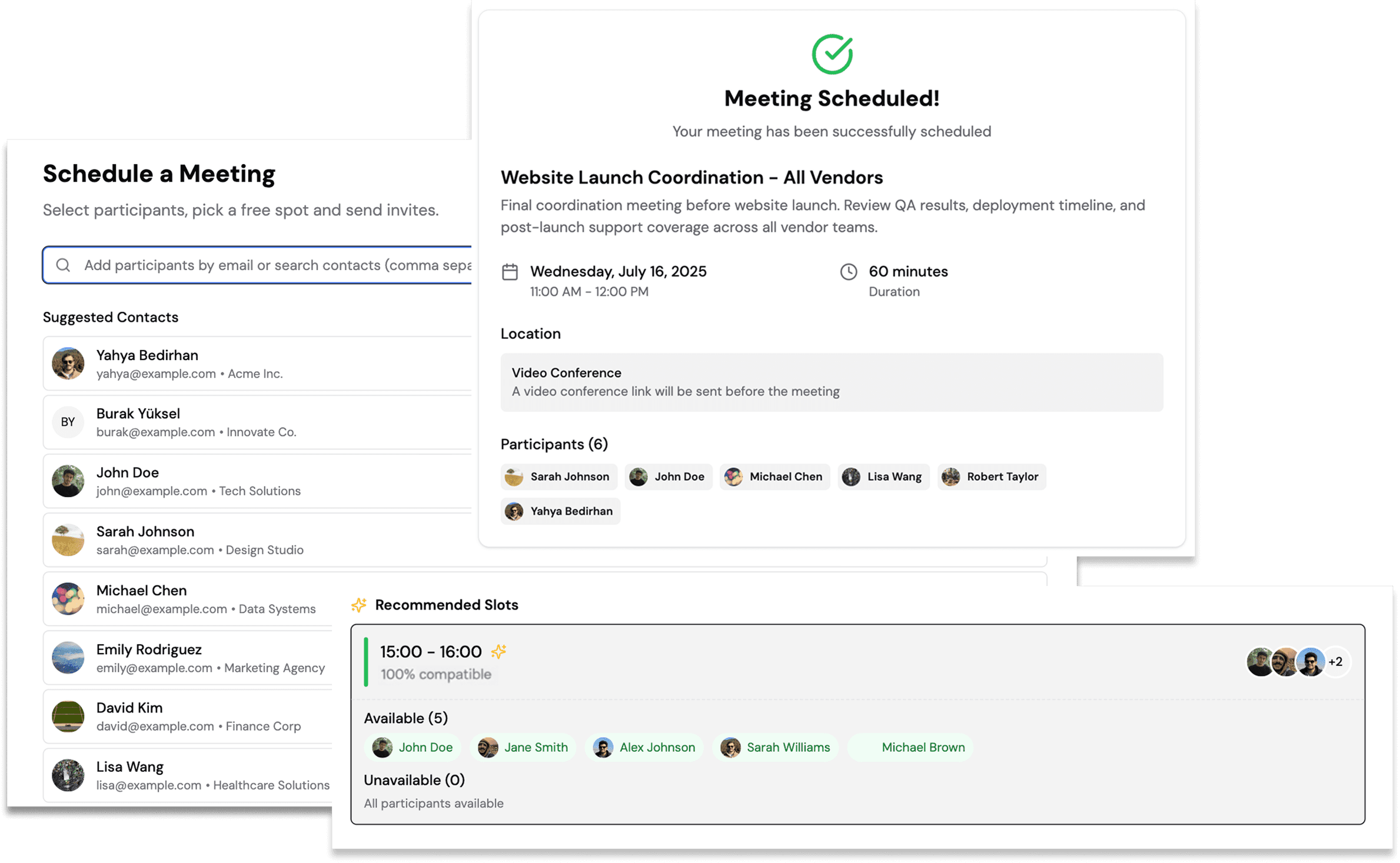 Synced scheduling interface showing meeting scheduler, availability viewer, and calendar coordination
